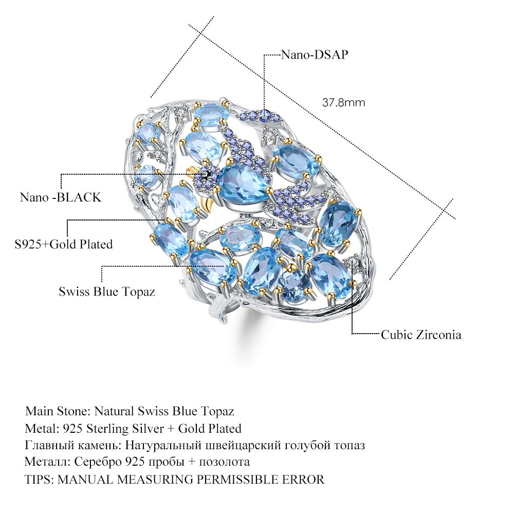 Designer Gemstone Ring S925 Sterling Silver Natural Topaz Ring