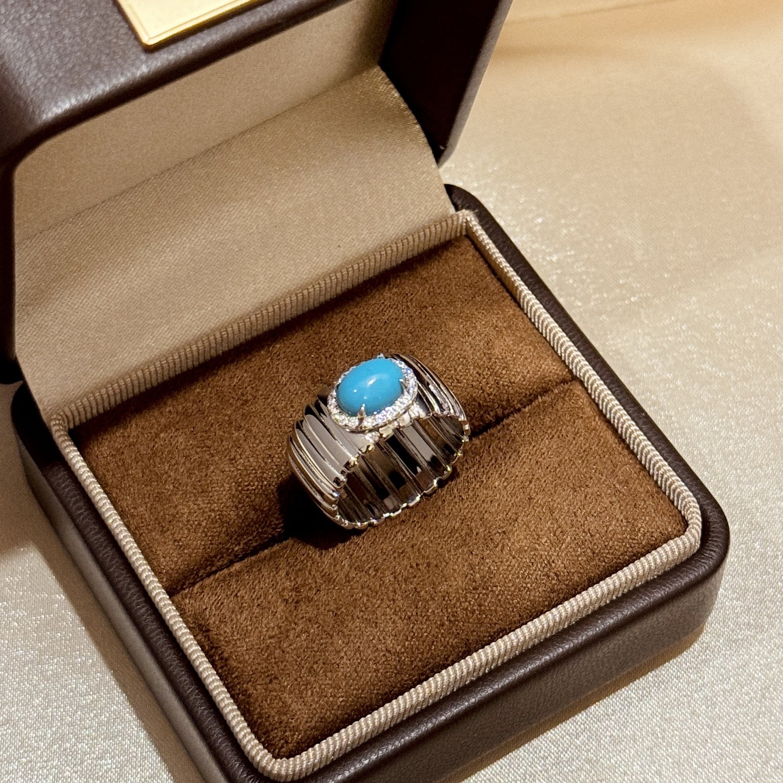 S925 sterling silver grosgrain turquoise stripe ring