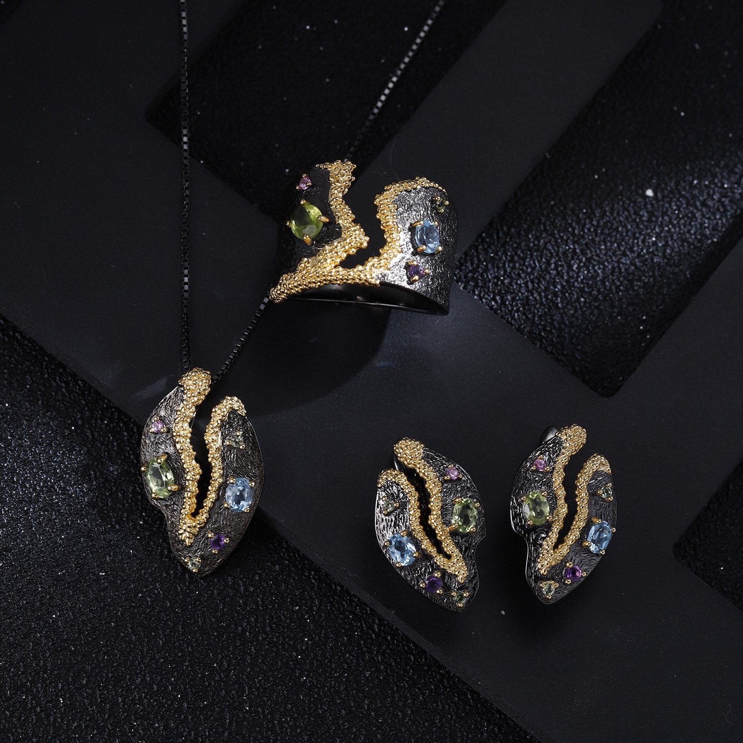 Italian craft gemstone ring retro palace style s925 silver natural colored gemstone ring