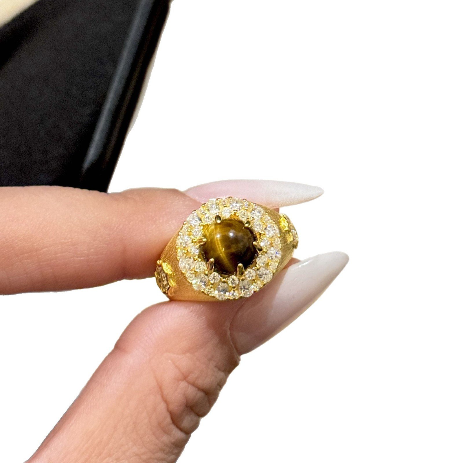 S925 sterling silver tiger eye stone surrounded by gold brushed vintage ring