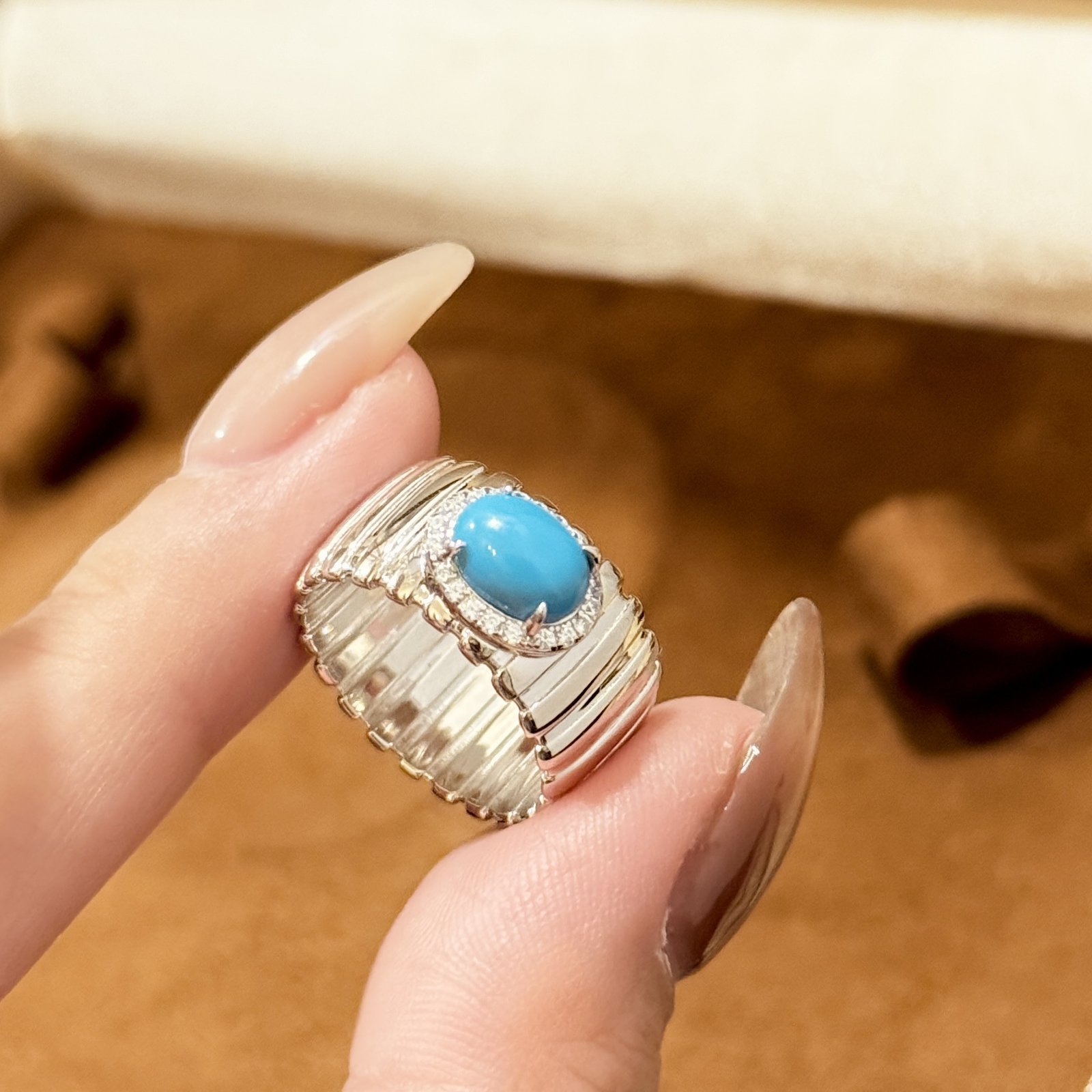 S925 sterling silver grosgrain turquoise stripe ring