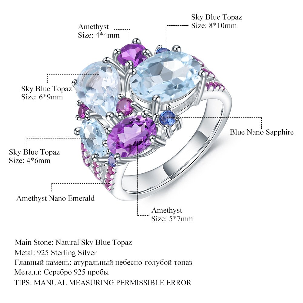 Colored gemstone ring banquet high-end s925 sterling silver inlaid natural gemstone ring