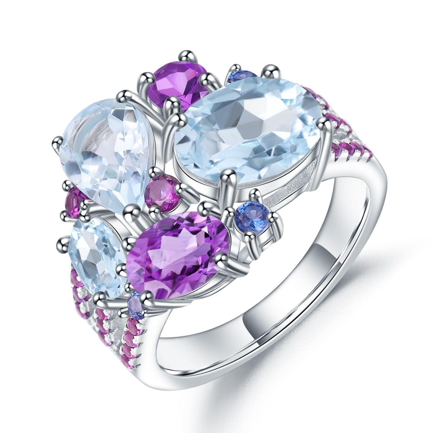 Colored gemstone ring banquet high-end s925 sterling silver inlaid natural gemstone ring
